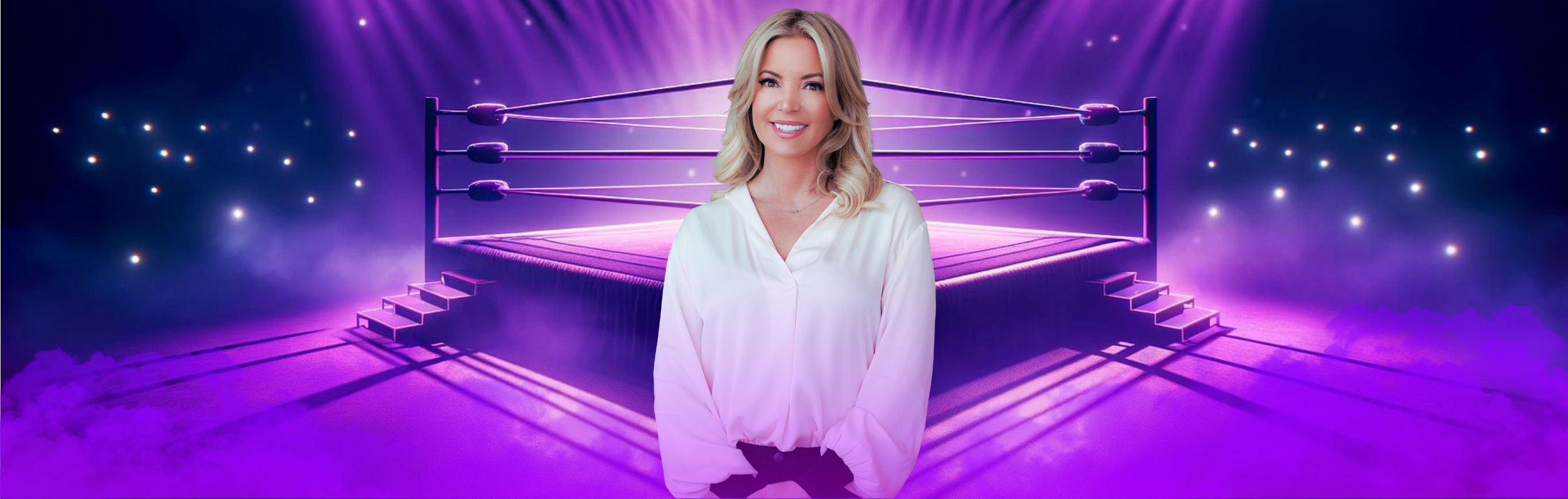 Jeanie Buss in front of wrestling ring